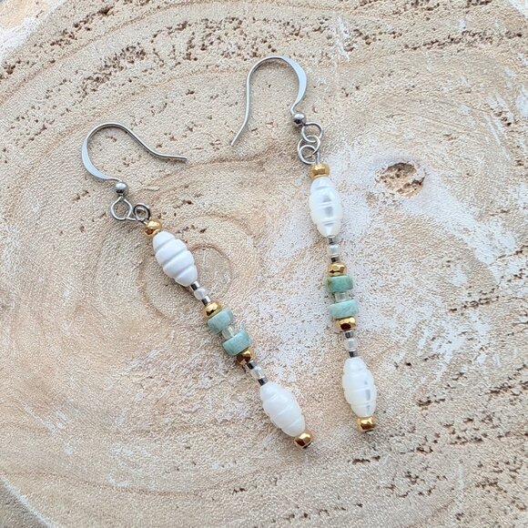 Carved Mother of Pearl and Brazil Amazonite with Gold Steel Drop Dangle Earrings - Picture 1 of 8